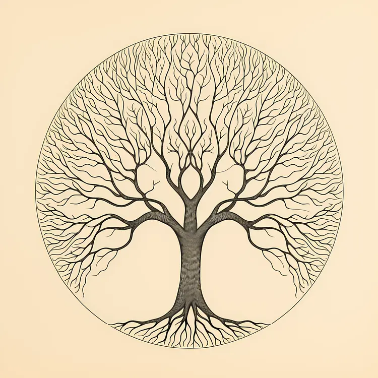 Bare Tree with Branches and Roots in a Circle