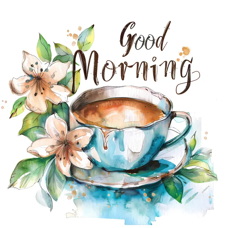 Watercolor Good Morning with Coffee Cup and Flowers
