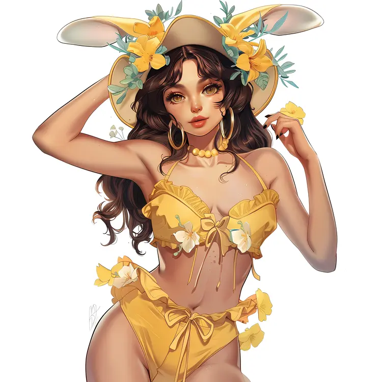 Girl in Yellow Bikini with Flowers