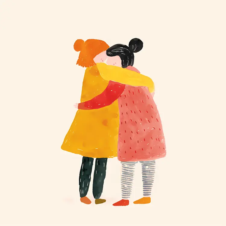 Two Girls Hugging Illustration