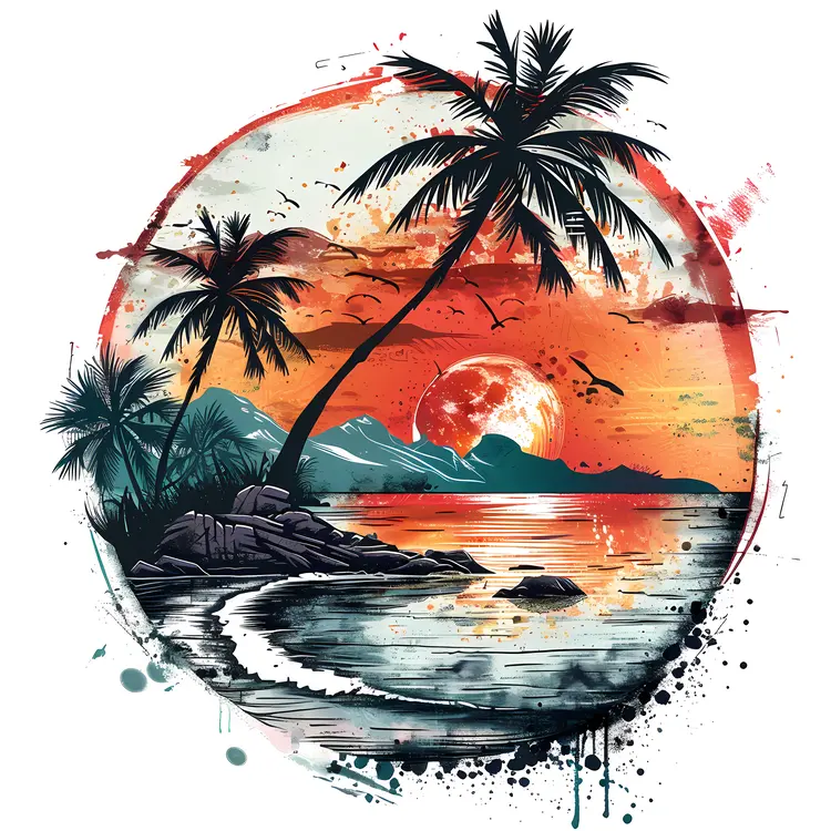 Tropical Beach Sunset with Palm Trees