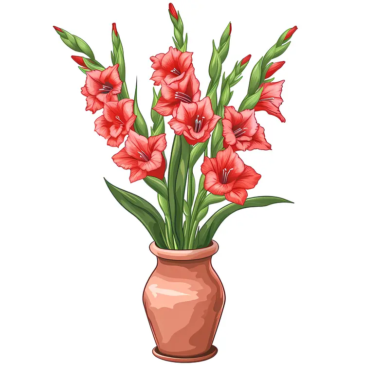 Red Gladiolus Flowers in a Terracotta Vase