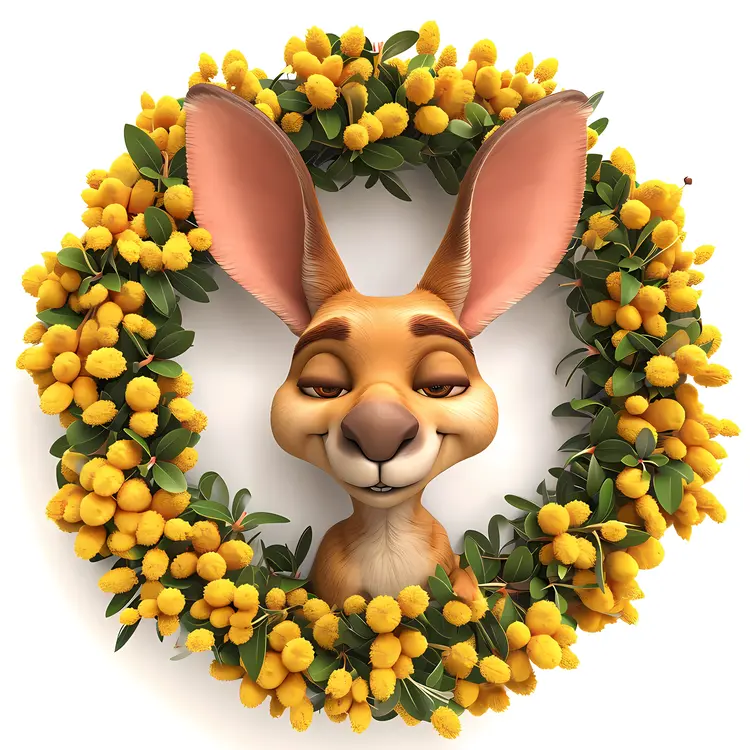 Cute Kangaroo in Floral Wreath