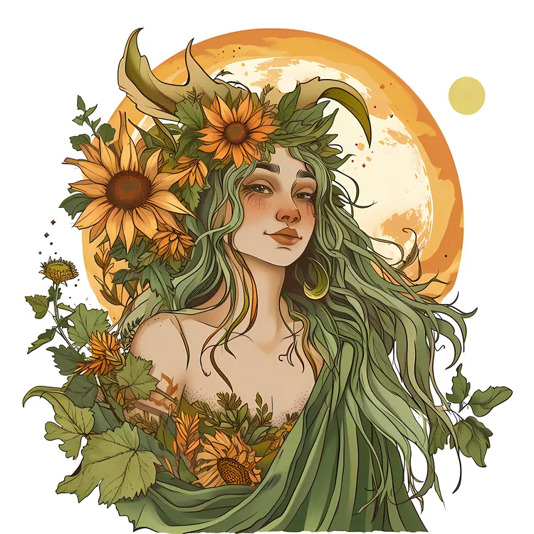 Woman with Sunflowers and Sun