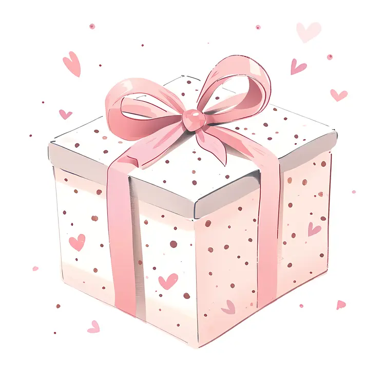 White Gift Box with Pink Ribbon and Hearts