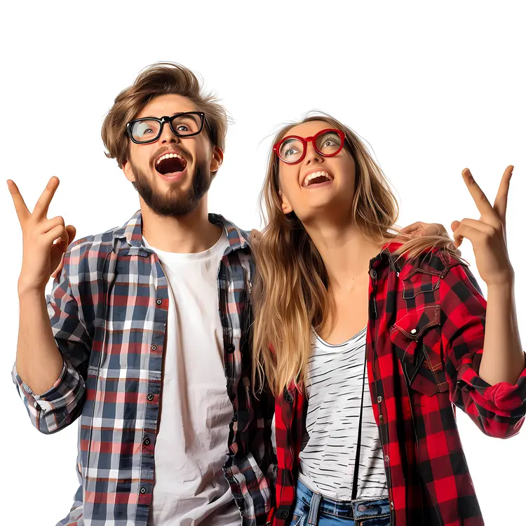 Joyful Couple Cheering in Plaid Shirts