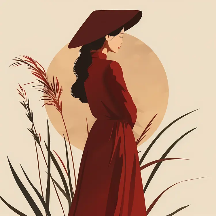 Stylish Woman in Red Dress with Hat