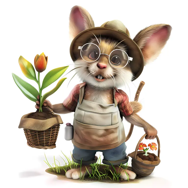 Cute Mouse Gardener with Plant and Basket