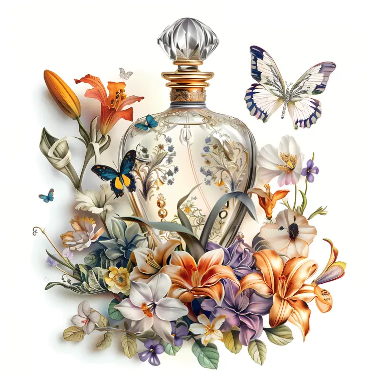 Perfume Bottle with Floral and Butterfly Design