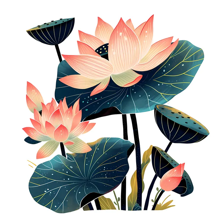 Lotus Flower with Multiple Buds and Leaves