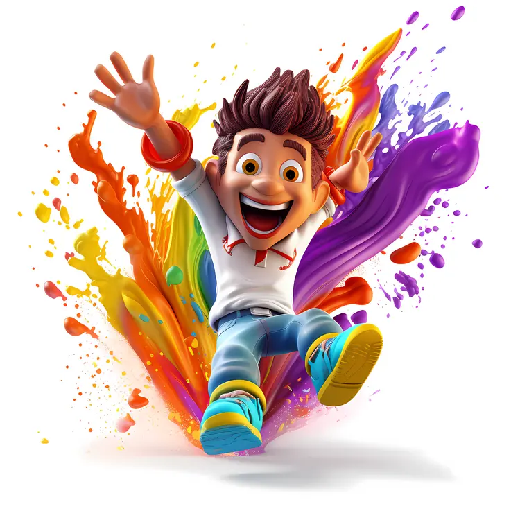 Happy Cartoon Character Jumping with Paint Splashes