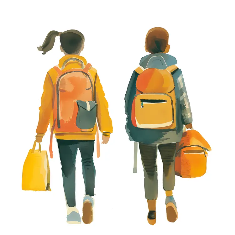 Children with Backpacks Walking to School