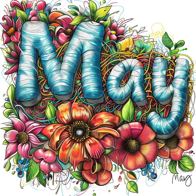 Colorful May Text with Flowers