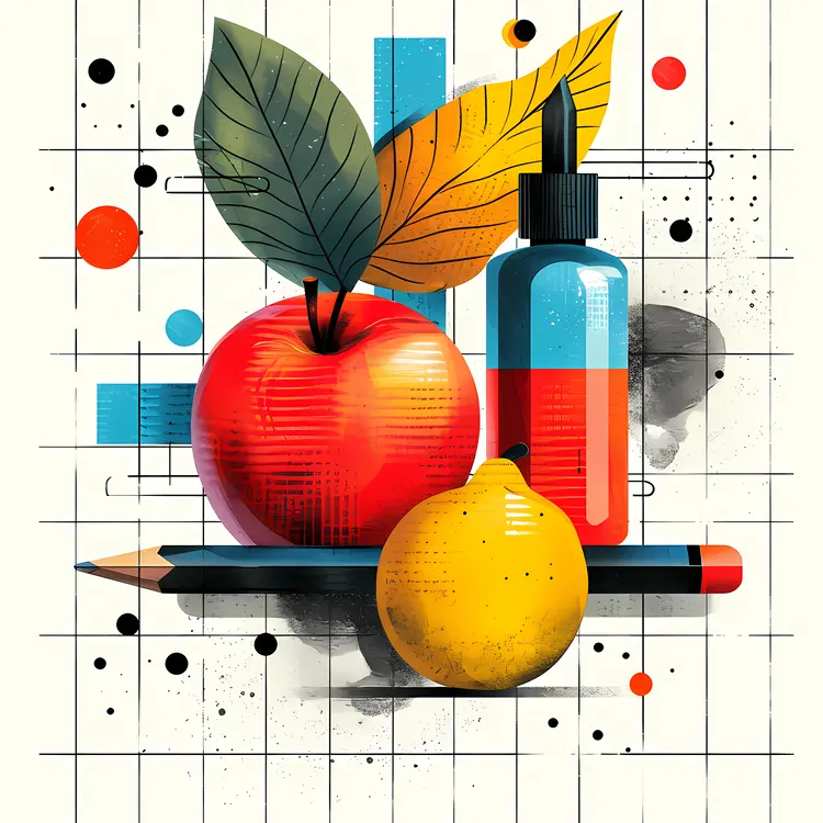 Geometric Illustration with Fruit and Art Supplies
