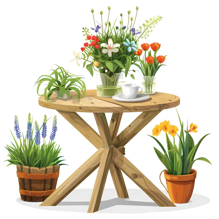 Wooden Table with Beautiful Flowers
