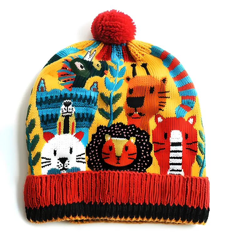 Yellow Knitted Hat with Animal Designs