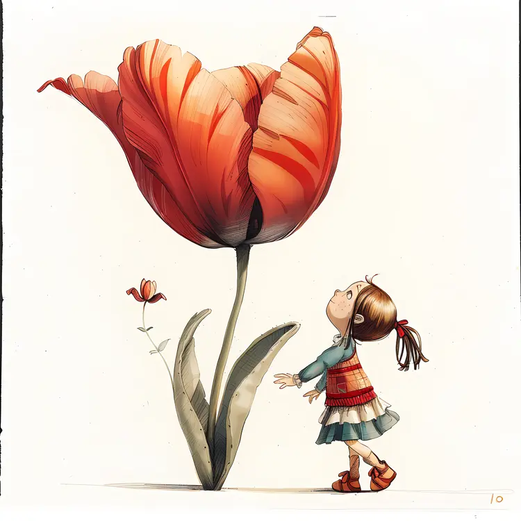 Girl Looking Up at Giant Red Tulip