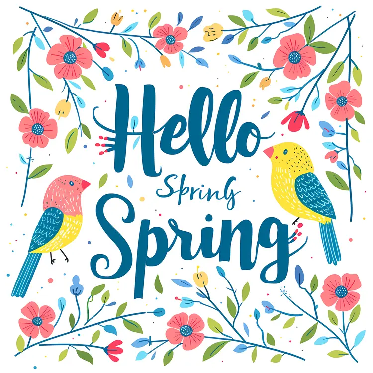 Hello Spring with Floral and Bird Design