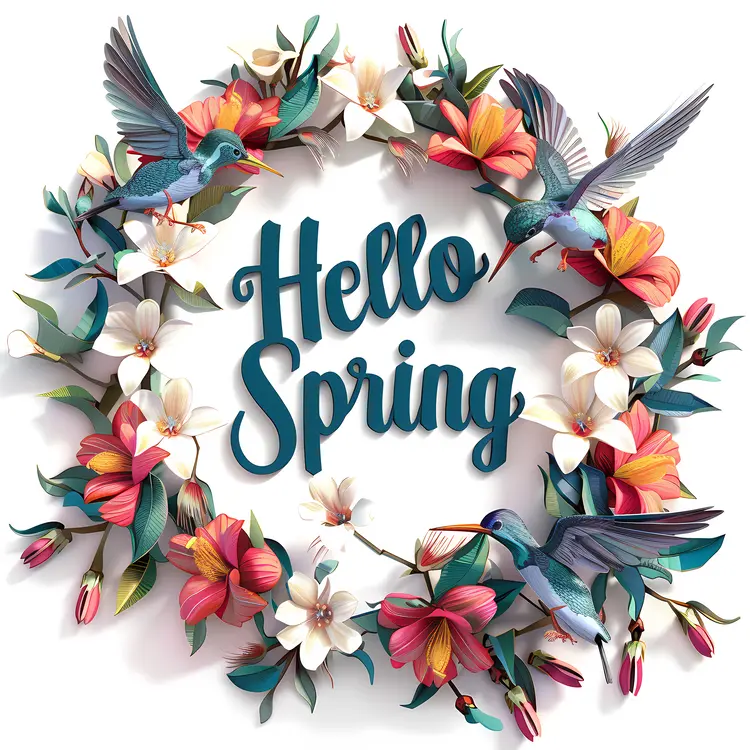 Hello Spring with Colorful Flowers and Birds