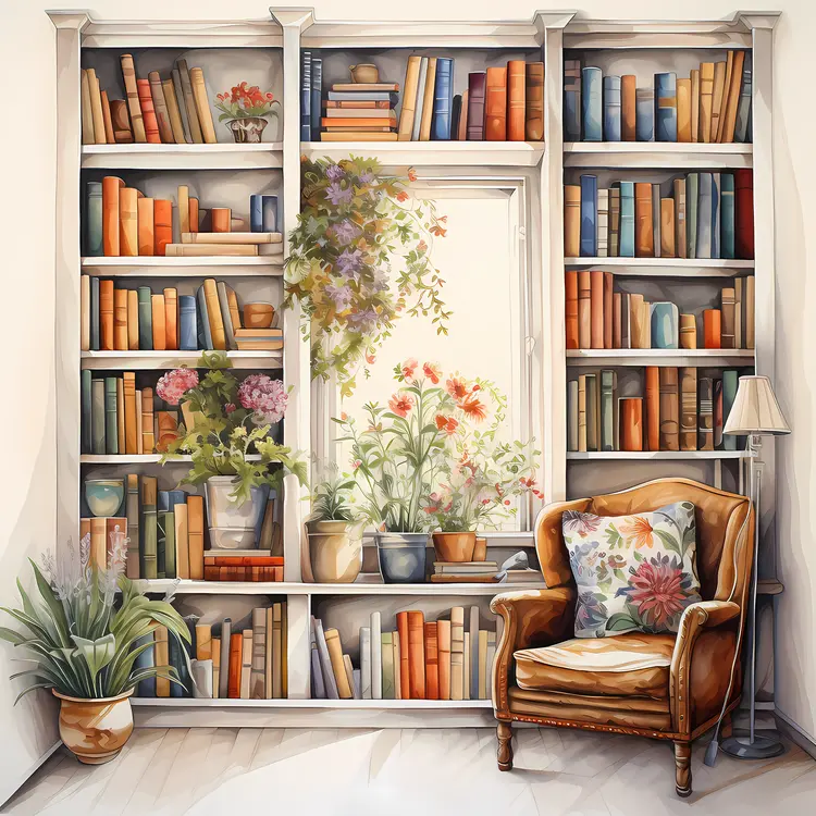 Classic Brown Armchair with Bookshelf and Plants