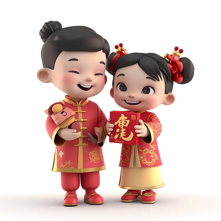 Cute Children in Traditional Attire Celebrating Chinese New Year