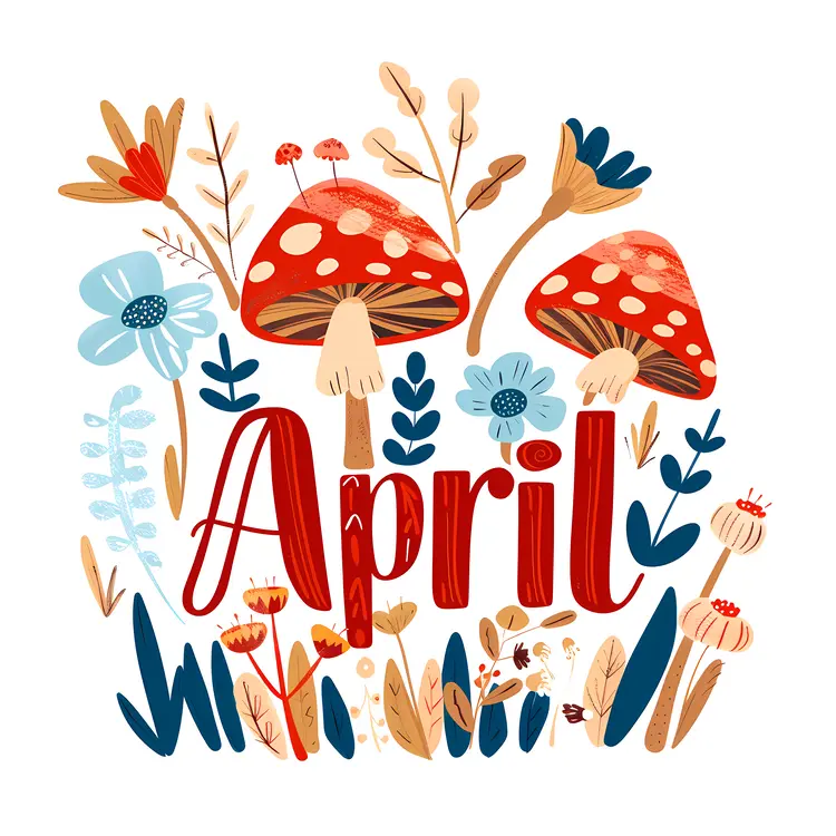 April Text with Mushrooms and Flowers