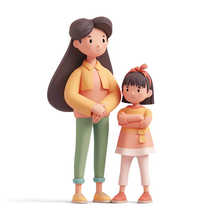 Mother and Child in 3D Illustration with Arms Crossed