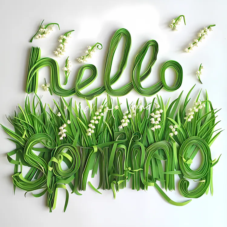 Hello Spring Text with Grass and Flowers