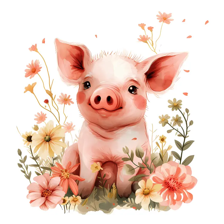 Smiling Piglet with Flowers
