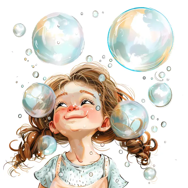 Happy Girl with Floating Bubbles