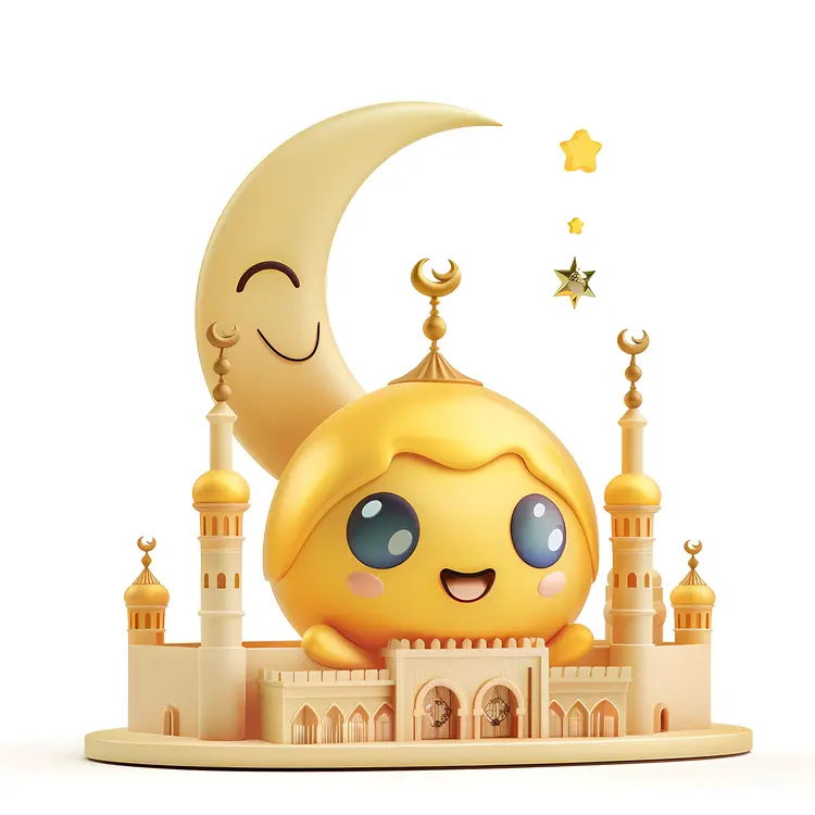 Cute Mosque with Crescent Moon and Stars