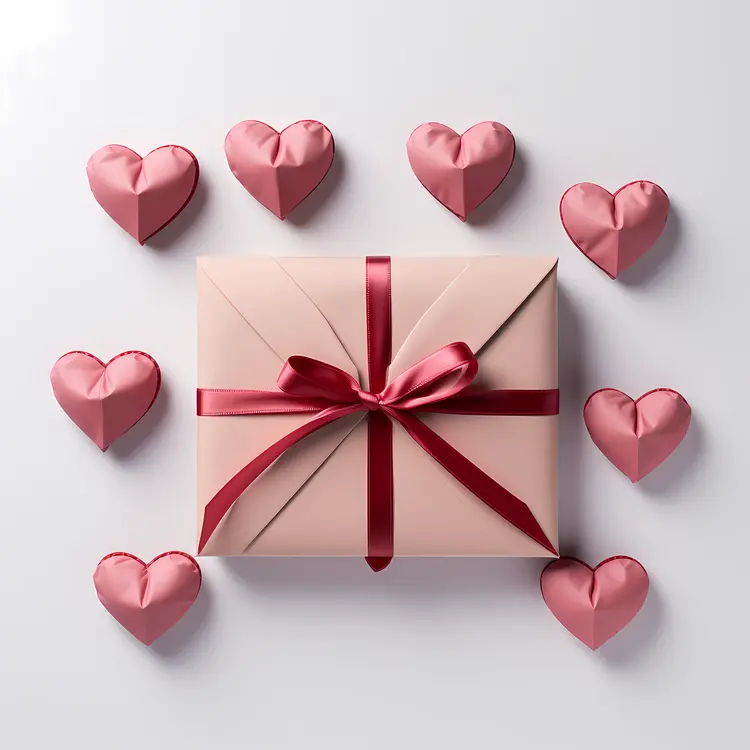 Beautiful Gift Box with Red Ribbon and Heart Decorations