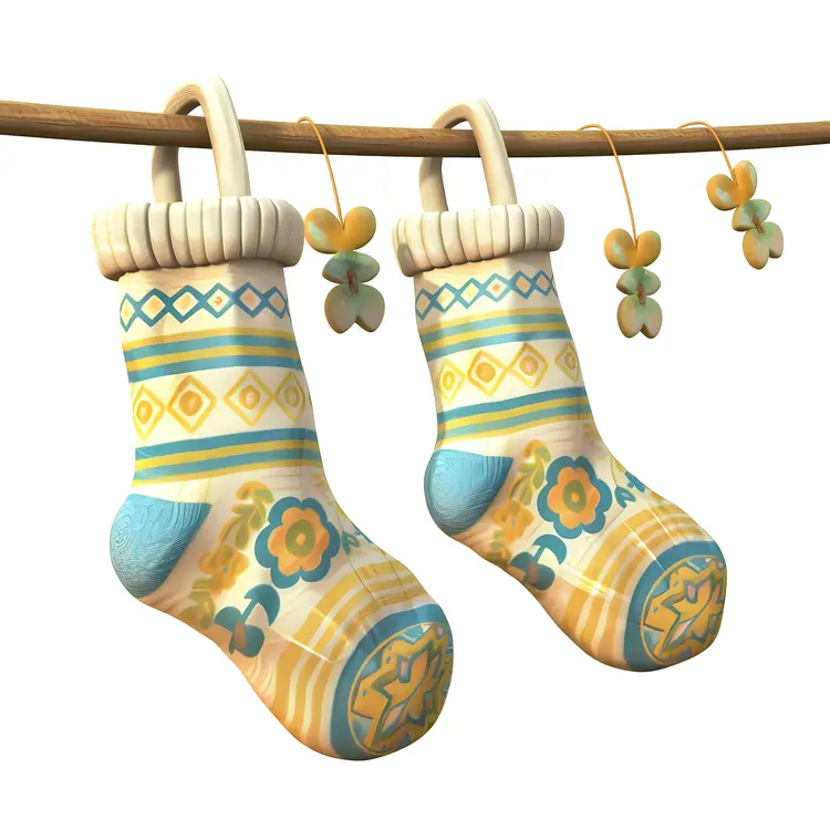 Patterned Socks Hanging on Clothesline