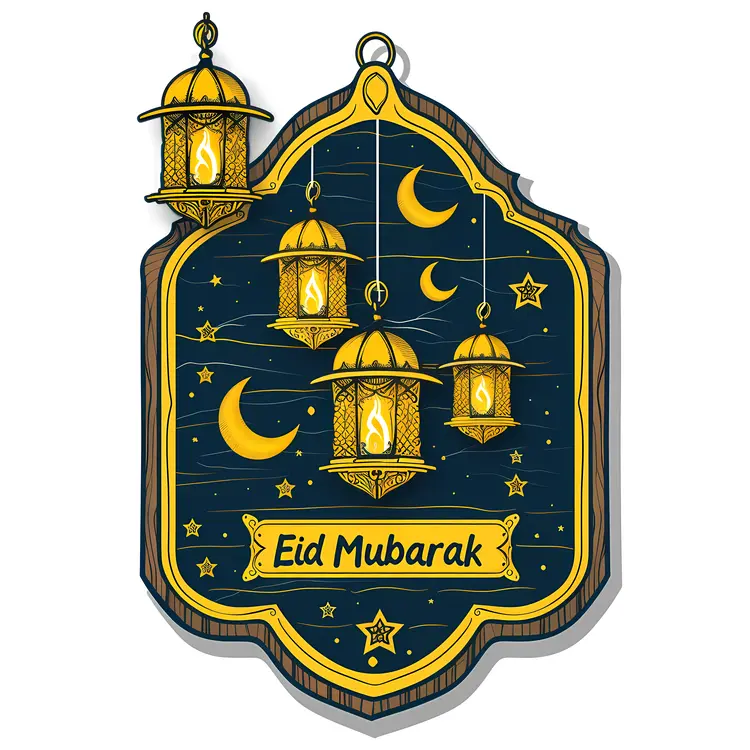 Eid Mubarak Sign with Lanterns and Crescent Moon