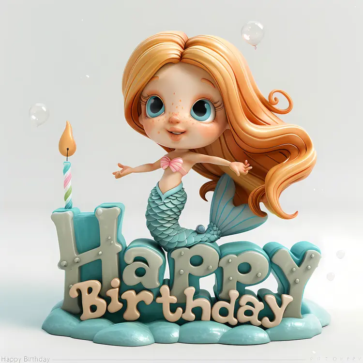 Happy Birthday with Cute Mermaid and Cake
