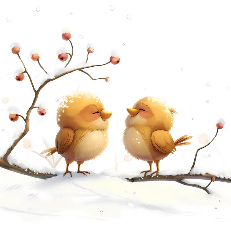 Two Yellow Birds on a Snowy Branch