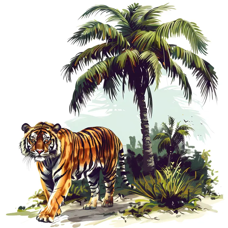 Tiger and Palm Tree in Tropical Jungle