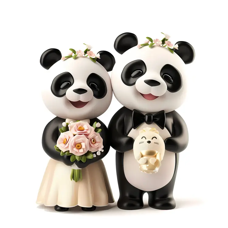 Wedding Couple Pandas with Flowers