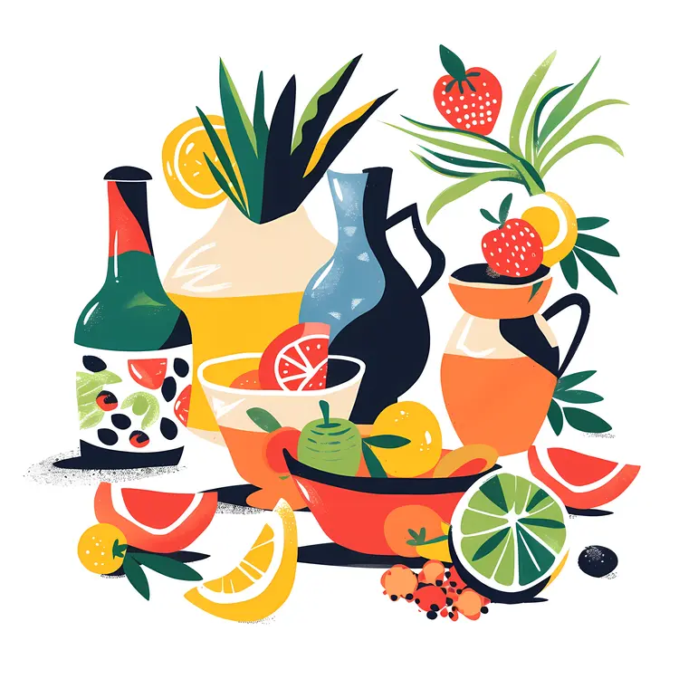 Colorful Fruits and Drinks with Bottles and Glasses