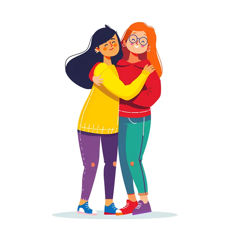 Two Girls Hugging in Casual Outfits
