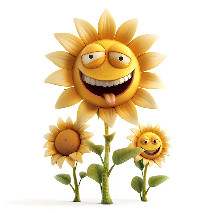 Group of Smiling Cartoon Sunflowers