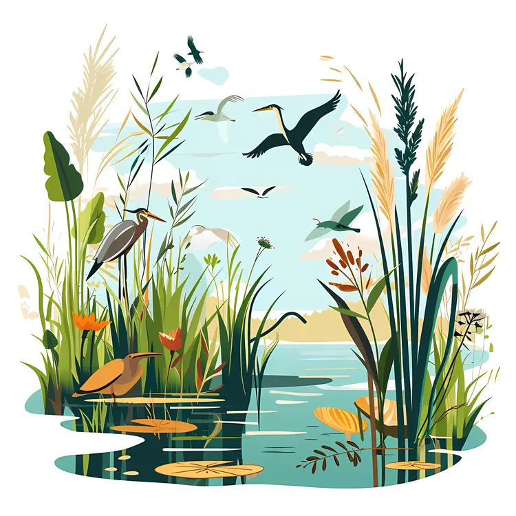 Birds in a Serene Wetland