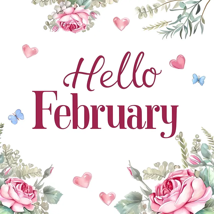 Floral Hello February Text with Hearts