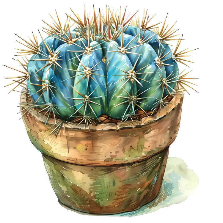 Watercolor Cactus in Rustic Pot