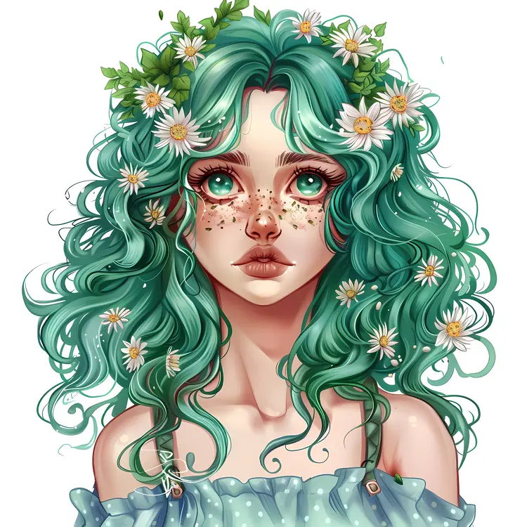 Curly Green Hair with Flowers and Freckles