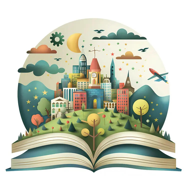 Open Book with Cityscape and Buildings