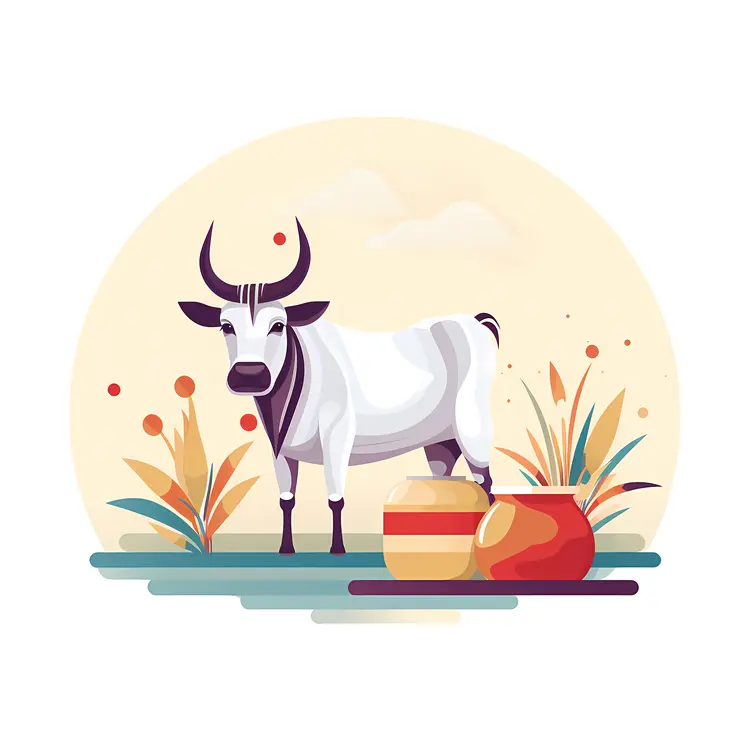 Cow with Ritual Pots and Offerings