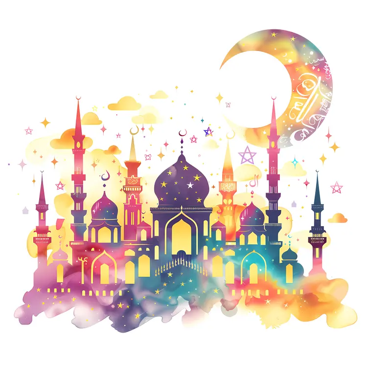 Colorful Mosque with Crescent and Stars