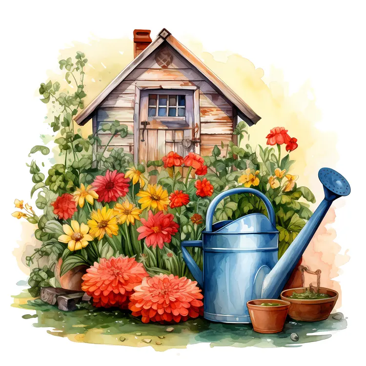 Watering Can with Flowers and House