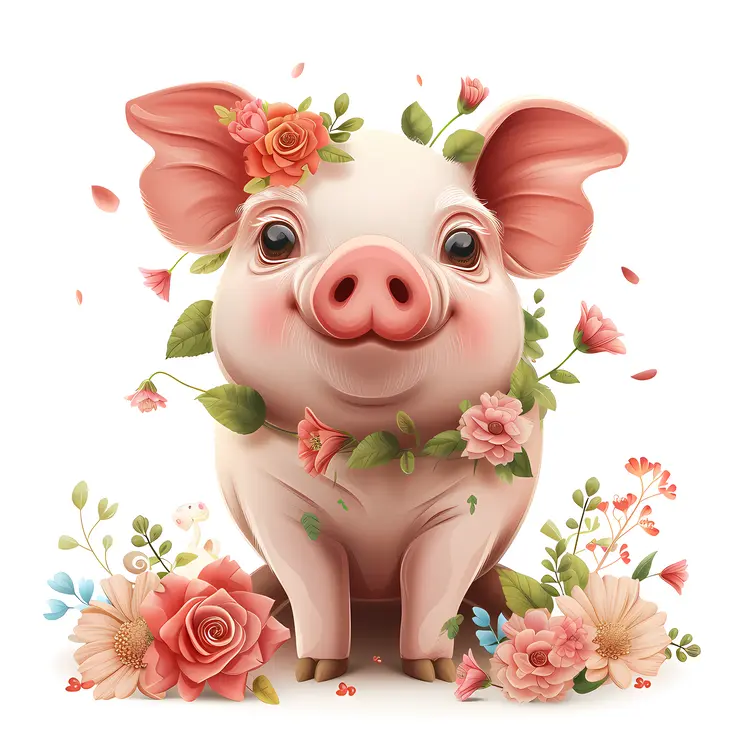 Smiling Pig with Floral Decorations